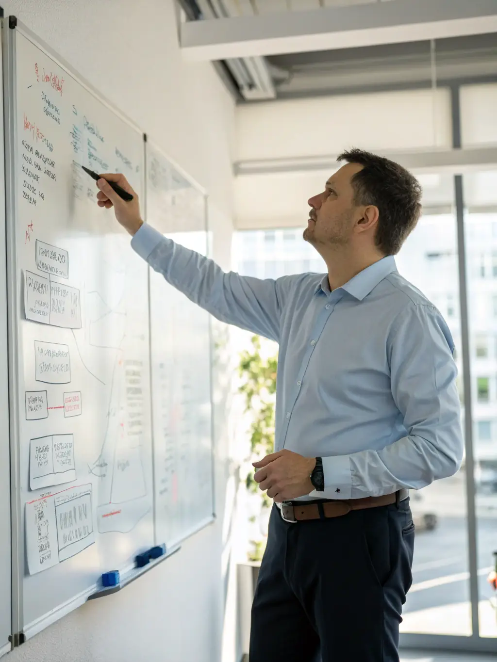 A consultant in a suit, standing in front of a whiteboard covered in business model diagrams, explaining the model to a team.