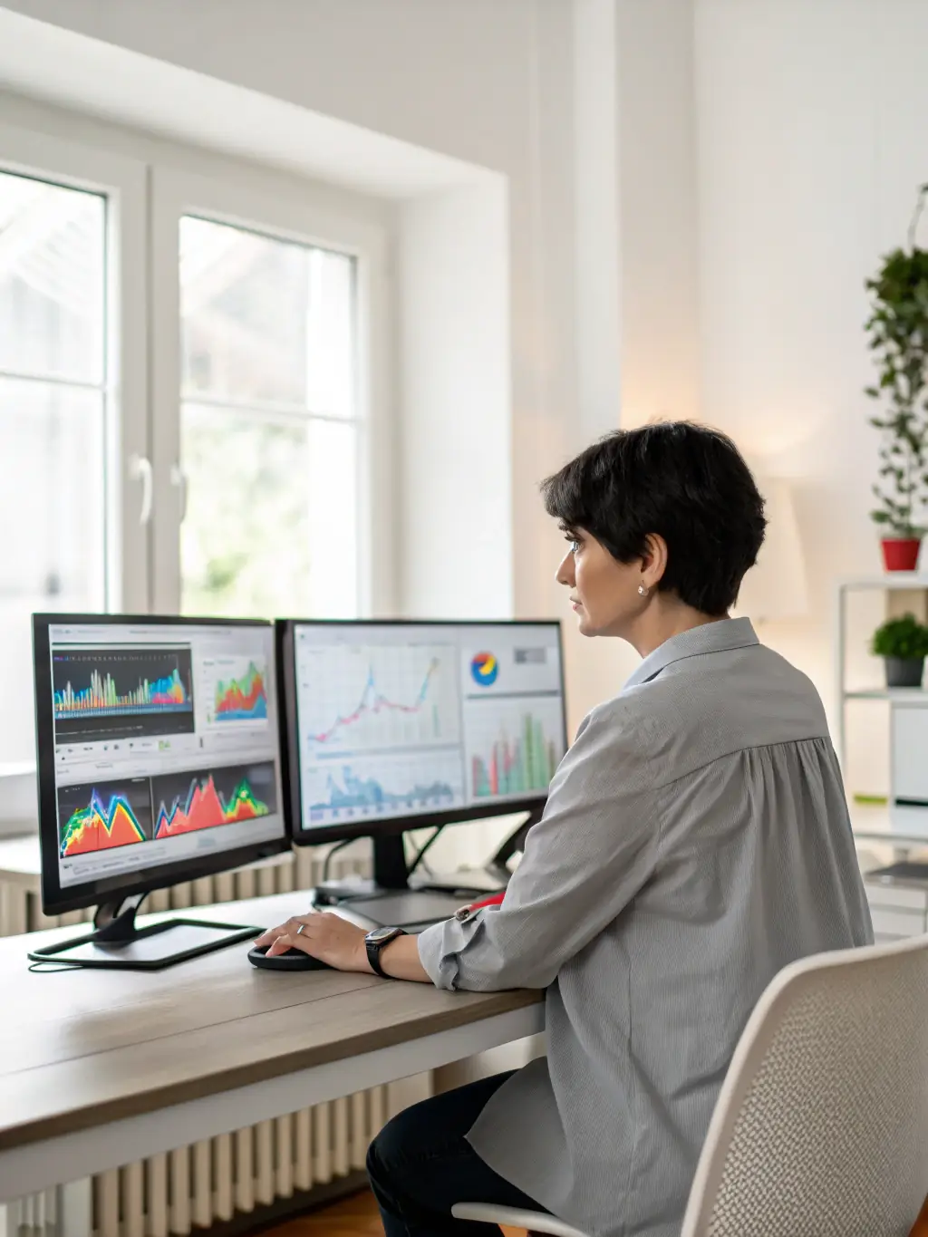 A financial analyst reviewing a complex financial model on a computer screen, with charts and graphs visible.