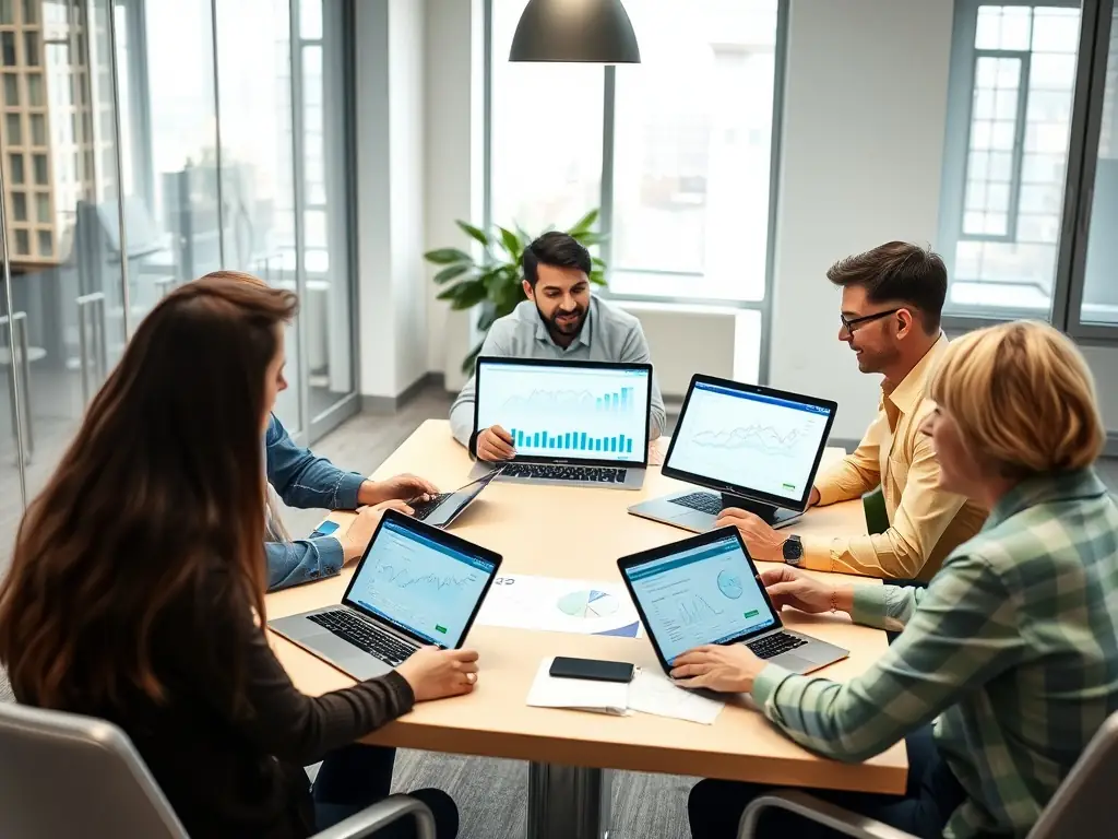 A team of risk management professionals is conducting a risk assessment in a corporate environment. They are reviewing data and discussing potential threats and mitigation strategies, highlighting a proactive approach.