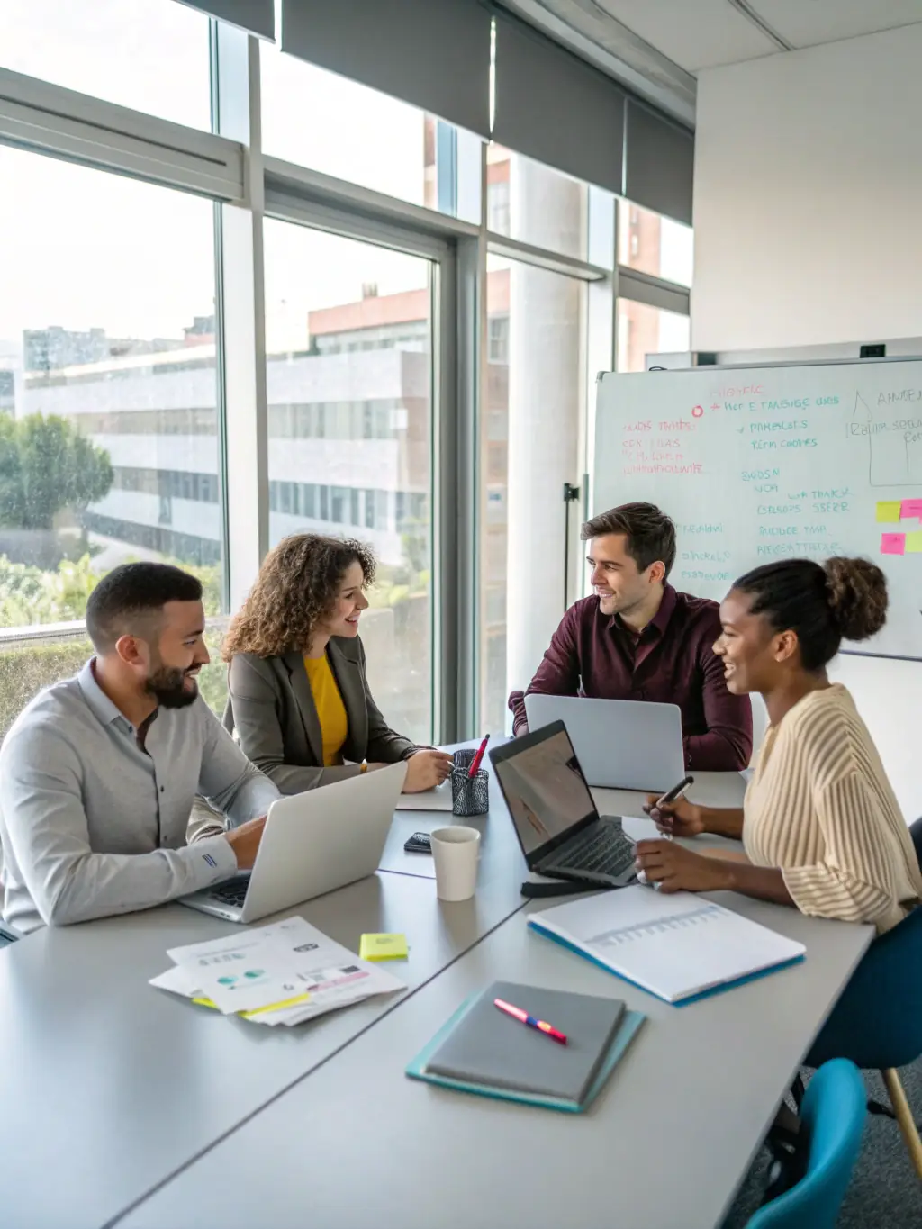 A team discussing risk assessment strategies in a modern office setting, with risk matrix displayed on a screen.