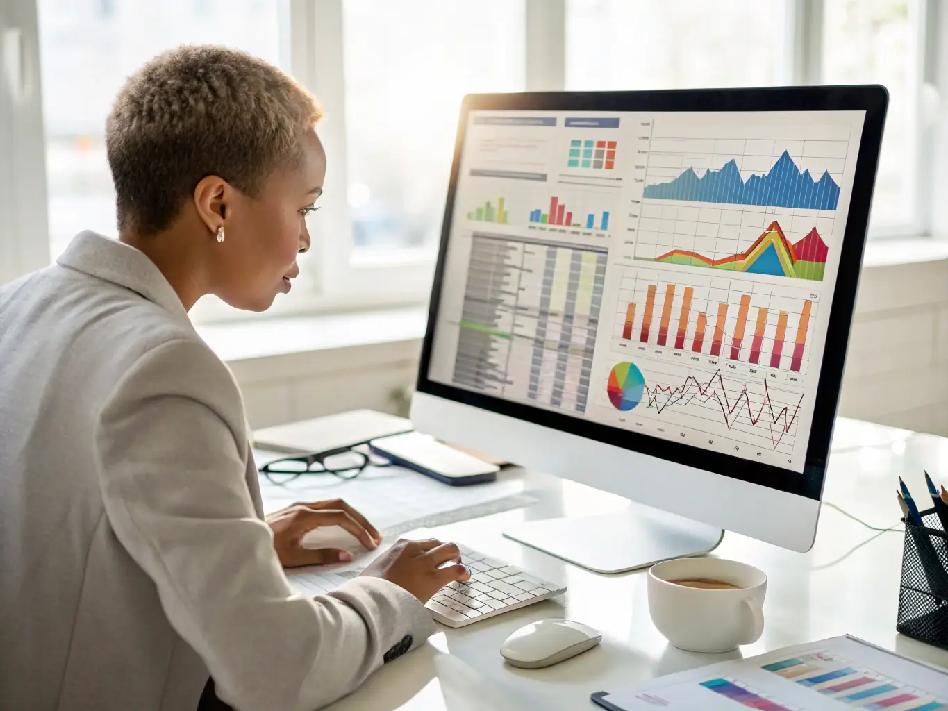 A financial analyst is working on a complex financial model on a computer, with multiple charts and graphs visible on the screen. The setting is a well-lit office, emphasizing precision and attention to detail.