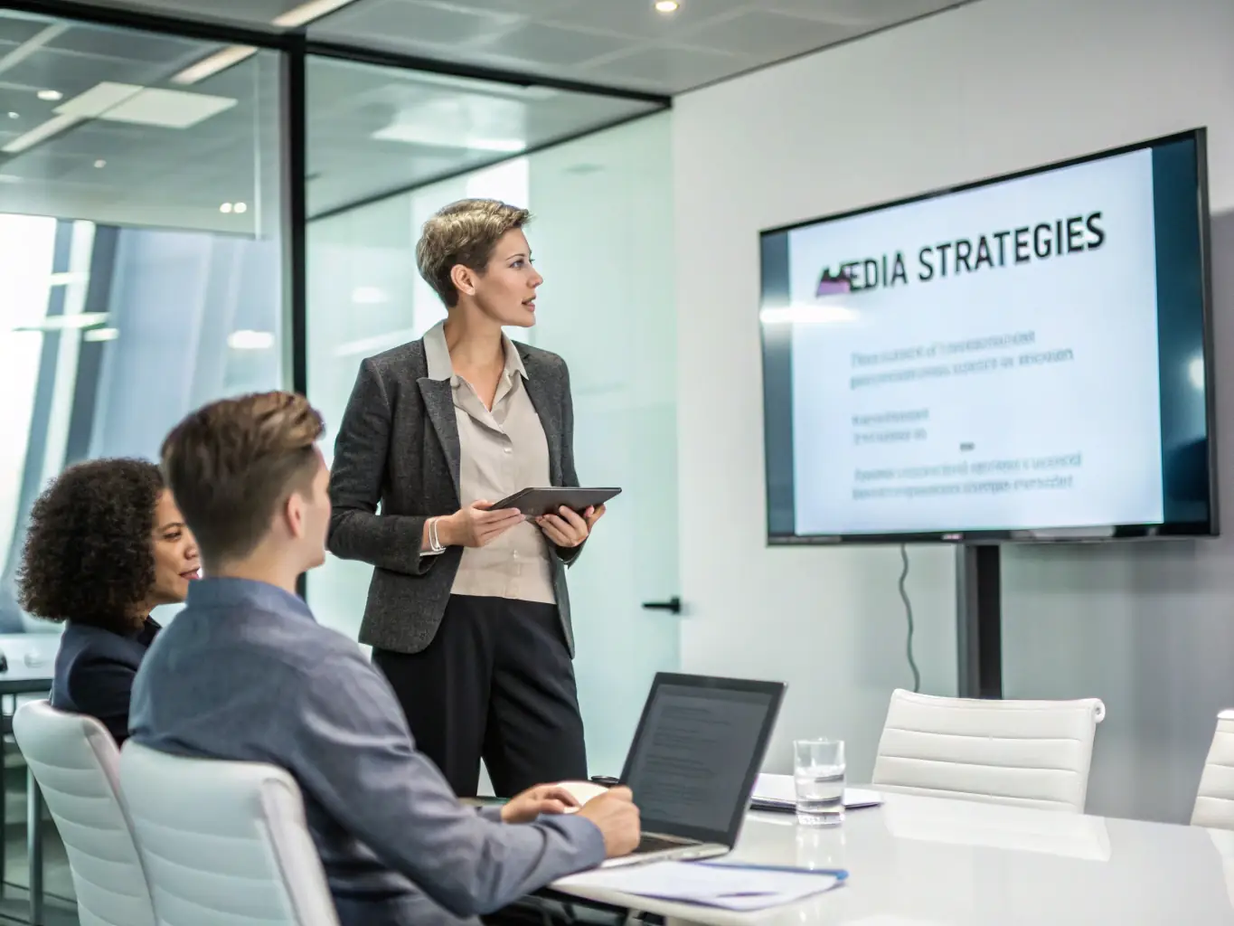 A consultant is presenting a business model to a client in a modern office setting. The model is displayed on a large screen, showcasing key components and strategic insights. The atmosphere is collaborative and focused.